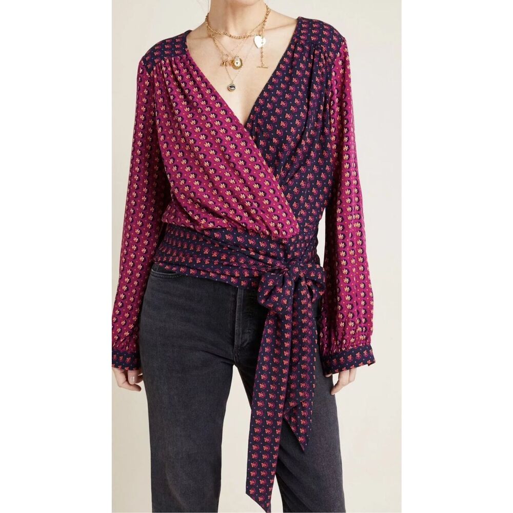 Anthropologie Blue and Purple Puff Sleeve Wrap Blouse